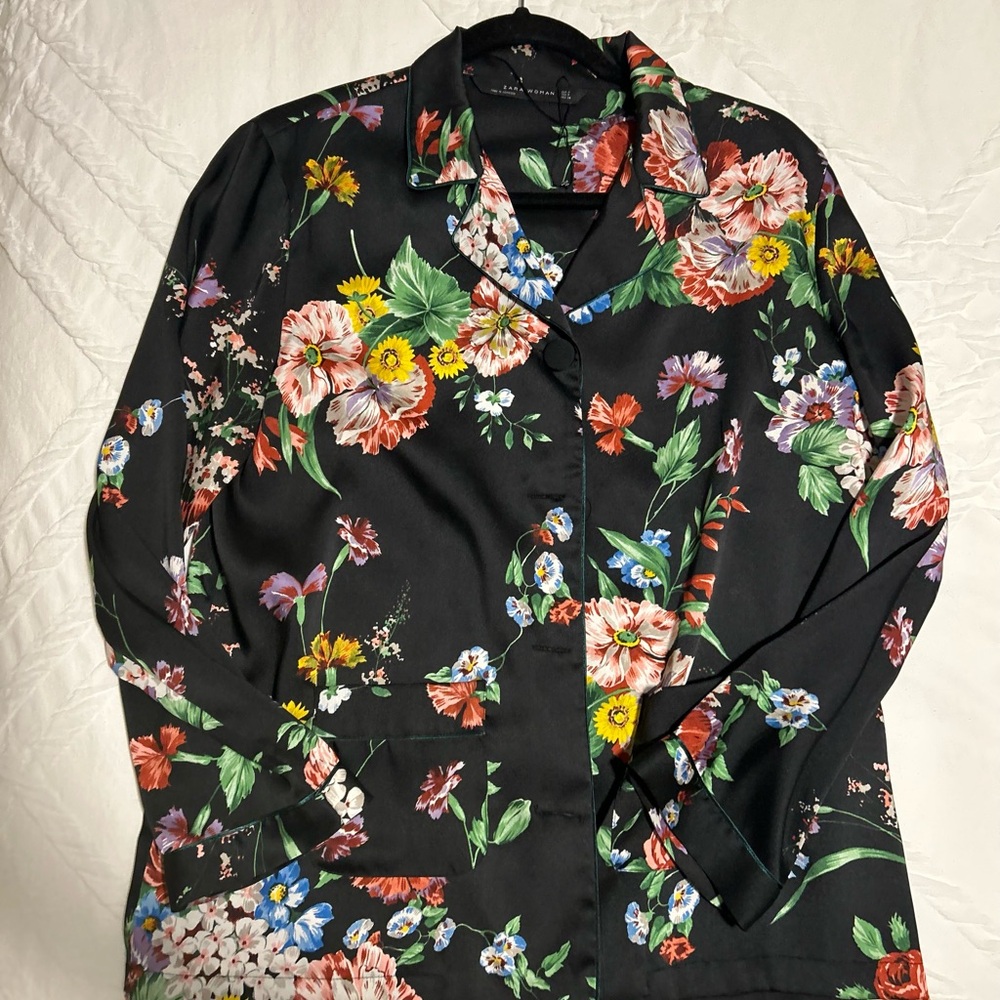 Zara Black Floral Button-Up Blouse with Multicolor Blooms